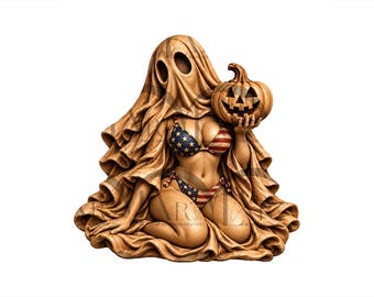 May include: A tan-colored figurine of a ghost draped in fabric, wearing a bikini with an American flag pattern. The figure is kneeling and holding a carved jack-o'-lantern pumpkin. The sculpture features detailed folds in the fabric.