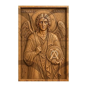 Puede incluir: Tallado en madera detallado de un arcángel, con las inscripciones "ARCHANGEL" y "RAPHAEL". El ángel sostiene un báculo y un emblema circular. El tallado está enmarcado en un marco rectangular.