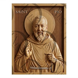 May include: A wooden carving of Saint Pio, a Catholic saint, with a halo and rosary beads. The carving is on a wooden background with the words "Saint" and "Pio" written above and below the image.
