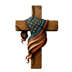 May include: A wooden cross with a draped American flag. The cross is made of textured brown wood. The flag features blue with gold stars, and red and white stripes. The flag is draped over the cross.