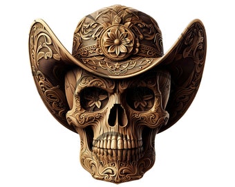 Western Cowboy Skull with Floral Hat 3D Illusion Laser Engraving Design - Intricate Patterns, Home Decor Art for CO2, Diode, Glowforge