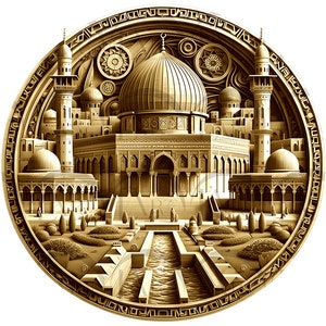 May include: A circular, gold-coloured relief carving depicting a mosque with a dome and minarets. The mosque is surrounded by a garden with trees and a fountain. The carving is framed by a decorative border.
