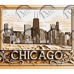 Op de afbeelding: Een houten plaquette met een gegraveerd beeld van de skyline van Chicago. De plaquette is geschilderd in tinten bruin en beige. Het woord "CHICAGO" is in grote letters gegraveerd aan de onderkant van de plaquette.