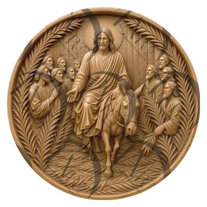 May include: A wooden carving depicting Jesus riding a donkey with palm branches surrounding him. The carving is a depiction of the biblical story of Jesus' triumphal entry into Jerusalem.