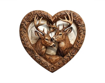 Valentine’s Day Deer Couple in Floral Heart 3D Illusion Laser Engraving Design. Romantic Wildlife. Anniversary & Wedding Gift. Co2, Diode