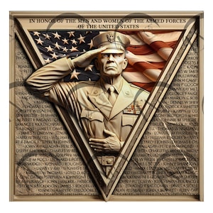 Veteran Patriotic Military Tribute, 3D Illusion Laser Engraving Design, Saluting American Soldier, USA Flag, Heroes&#39; names on Memorial Wall.