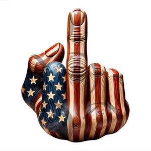 Può includere: Una scultura di mano in legno dipinta con il design della bandiera americana. La mano sta facendo il gesto del dito medio.