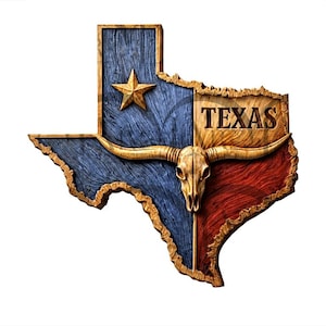 Pode incluir: Placa de madeira em forma do estado do Texas, com um esquema de cores azul, vermelho e dourado. O design inclui uma estrela dourada, um crânio de longhorn e a palavra "TEXAS". Esta placa decorativa é um item rústico.