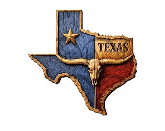 Texas State Longhorn 3D Illusion Laser Engraving Design - Texas Map Flag & Bull Skull, Western American Patriotic Retro Wall Art. CO2, Diode