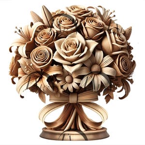 母の日の花束 3D イリュージョン レーザー彫刻デザイン。ロマンチックなバラとユリ、リボン付き恋人へのギフト。CO2、ダイオード、Glowforge
