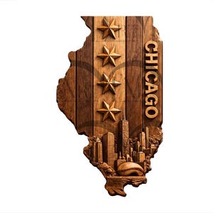 Op de afbeelding: Houten wandkunst in de vorm van de staat Illinois, met de skyline van Chicago en de naam van de stad. Het ontwerp bevat vier sterren en is gemaakt van donkerbruin hout.