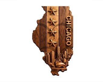 Chicago Illinois - 3D Illusion Laser Engraving Design l American State Map Skyline l Chicago Flag Stars l CO2, Diode, Glowforge, xTool