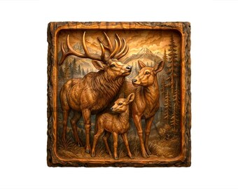 Elk Family Woodland Scene 3D Illusion Laser Engraving Design. Rustic Animal Wildlife Live Edge Forest Farmhouse Decor. CO2, Diode, Glowforge