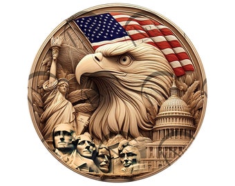 American Eagle with USA Flag & Symbols 3D Illusion Laser Engraving Design - Patriotic Art Independence Day, Veterans. CO2, Diode, Glowforge