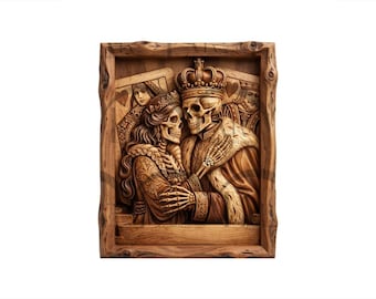 Valentine’s Day Gothic King & Queen of Hearts 3D Illusion Laser Engraving Design. Skeleton Romantic Skull Couple. CO2, Diode, Glowforge
