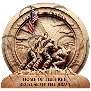 May include: A wooden carving of four soldiers raising an American flag on a hilltop. The carving is in a circular frame with a sunburst design and clouds. The text "HOME OF THE FREE BECAUSE OF THE BRAVE" is below the carving.