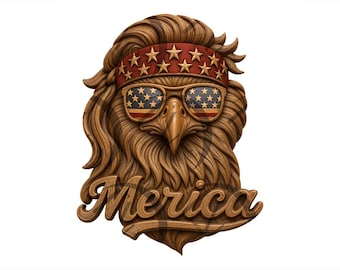 May include: A wooden carving of an eagle's head with sunglasses featuring the American flag. The eagle wears a red headband with gold stars and the word "Merica" in a script font. The carving is brown with detailed wood grain.