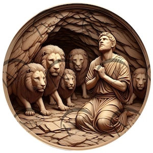 May include: A wood carving of a man kneeling in a cave with lions surrounding him. The man is praying with his hands clasped together. The lions are calm and appear to be watching the man.