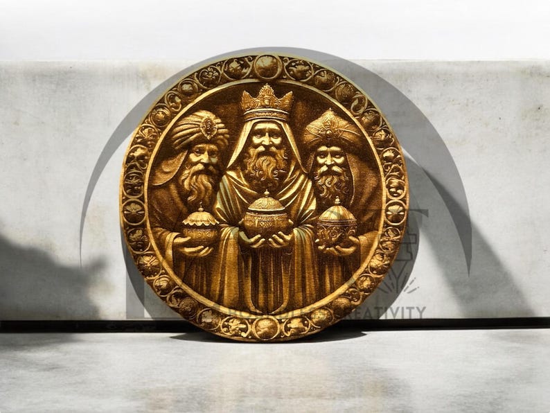 May include: A round, gold-colored wooden plaque with a raised image of the three wise men. The men are wearing robes and crowns, and they are holding gifts. The plaque is decorated with a floral design.