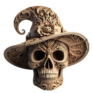 Czaszka na Halloween z kapeluszem czarownicy 3D iluzja grawerowanie laserowe projekt - Straszny wystrój sztuki na Halloween i prezenty - CO2, dioda, Glowforge, xTool