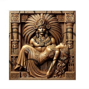 May include: A wooden carving of a man in a feathered headdress holding a woman in his arms. The carving is in a frame with ornate details.