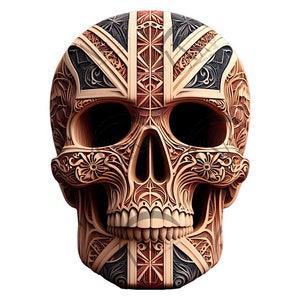 May include: A detailed, intricately carved wooden skull with a Union Jack flag design. The skull is painted in shades of brown, red, white, and blue.