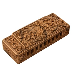 Può includere: Un'armonica di legno con intricate sculture floreali. L'armonica è marrone e ha una forma rettangolare.