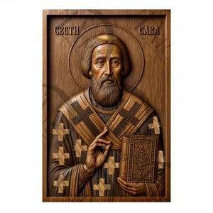 Puede incluir: Un icono de madera tallada de San Sava, un santo ortodoxo serbio. El icono está enmarcado en un marco de madera oscura y presenta una talla detallada de la cara y las ropas de San Sava. El icono está inscrito con las palabras "Sveti Sava" en escritura cirílica.