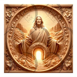 May include: A wooden carving depicting Jesus Christ emerging from a tomb, with a golden light behind him. The carving is framed with decorative floral details.