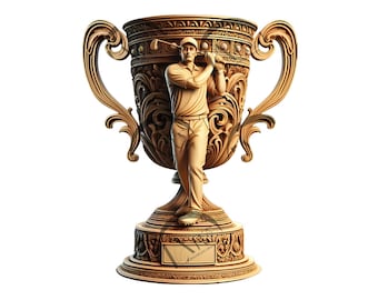 Könnte beinhalten: Eine goldfarbene Trophäe mit einem verzierten Design zeigt eine Golferfigur, die einen Golfschläger hält. Die Trophäe hat einen Sockel mit einer rechteckigen Plakette.