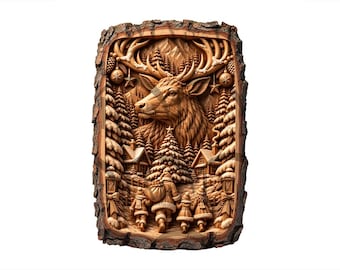 May include: A rectangular wood carving featuring a large deer head at the top, surrounded by pine trees, mountains, and hanging ornaments. Below, a figure carrying a sack walks with three children toward houses in a snowy forest setting.
