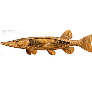Design med lasergravyr av pickerelfisk i 3D-illusion l Naturinspirerat dubbelexponeringslandskap l Bergssjöscen. CO2, diod, Glowforge
