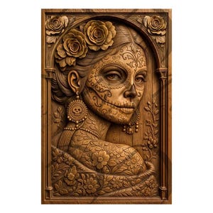 May include: A wooden relief carving of a woman with a sugar skull face, adorned with floral patterns and earrings. The artwork features roses and intricate details, framed within a rectangular border. The piece is a representation of the Day of the Dead.