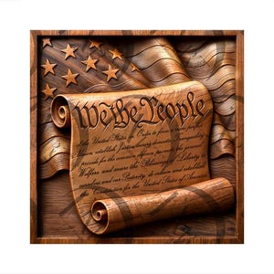 May include: A wooden relief carving featuring the text "We the People" from the U.S. Constitution. The design includes an American flag with stars and stripes, and a scroll with engraved text. The artwork is framed in a dark wood.