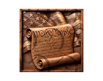 May include: A wooden relief carving featuring the text "We the People" from the U.S. Constitution. The design includes an American flag with stars and stripes, and a scroll with engraved text. The artwork is framed in a dark wood.