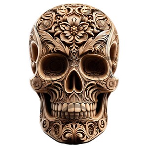 May include: A detailed, intricately carved wooden skull with floral patterns. The skull is a light brown colour and has a realistic appearance.