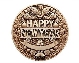 May include: A round wooden plaque with a carved design of holly leaves, snowflakes, and bells. The plaque has the words "Happy New Year" in raised letters.
