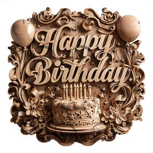 Op de afbeelding: Een houten carving van een verjaardagstaart met kaarsen, ballonnen en de woorden "Happy Birthday" in een decoratief lettertype.