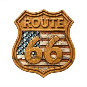 Op de afbeelding: Houten Route 66-bord in schildvorm. Het bord heeft de tekst "ROUTE 66" bovenaan, met het nummer "66" in het midden. De achtergrond is een ontwerp van de Amerikaanse vlag.