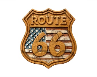 Route 66 Schild - 3D Illusion Laser Gravur Design | Abzeichen der amerikanischen Flagge l USA Landstraßen - 100 Jahre Geburtstag, Vaterländische Geschenke - CO2, Dioden