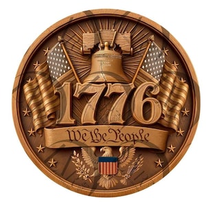 May include: A detailed, circular relief sculpture with a patriotic theme. The design features the Liberty Bell, American flags, the year 1776, and the phrase "We the People." The color palette is primarily brown and gold, with accents of red, white, and blue.