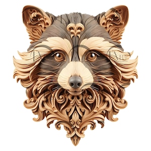 Komplizierte Waschbär 3D Illusion Laser Gravur Design - Exquisite Wildtier Kunst - Wohnkultur - Tier Waldland - CO2, Thyre, Glowforge, xTool