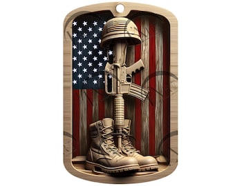 Fallen Soldier Memorial Dog Tag - 3D Laser Illusion Patriotic Engraving File. Helmet, Rifle, Boots, USA Flag - Veterans, Independence Day