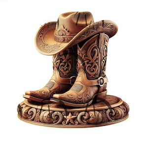 May include: A pair of brown cowboy boots with intricate carvings and a matching brown cowboy hat with a decorative band. The boots and hat are displayed on a wooden base with a carved star.