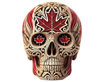 May include: A decorative skull with intricate carvings, featuring the Canadian flag with a red maple leaf in the center and smaller maple leaves in the eye sockets.
