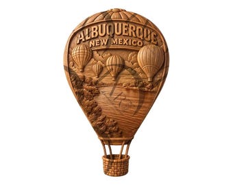 May include: Wooden wall art in the shape of a hot air balloon, featuring the text "ALBUQUERQUE NEW MEXICO". The artwork is carved with a detailed design of hot air balloons, a landscape, and a woven basket.