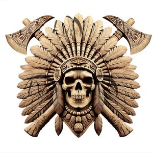 May include: A wooden sculpture of a skull wearing a Native American headdress with two crossed axes behind it.