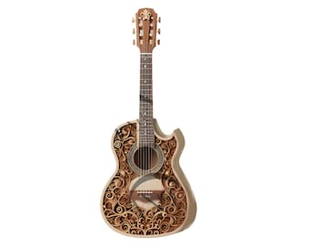 Diseño de guitarra acústica con ilusión 3D grabada con láser - Arte con instrumentos musicales - Decoración del hogar y regalos únicos - CO2, diodo, Glowforge, xTool