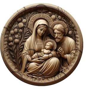 Diseño de grabado láser con ilusión 3D de la Sagrada Familia: Niño Jesús, Virgen María y San José. Regalos e íconos cristianos. CO2, diodo, Glowforge