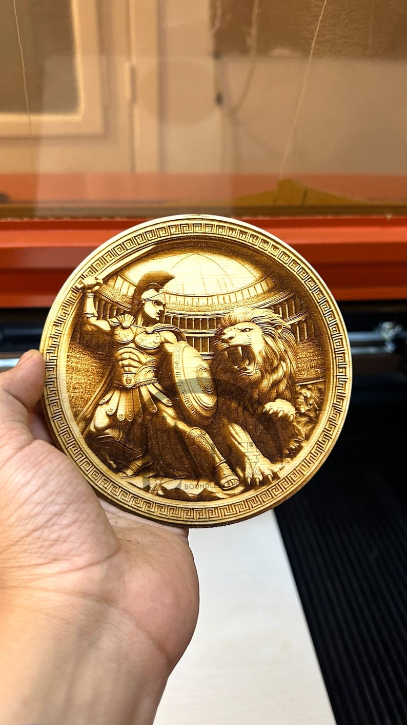 Spartan Warrior and Lion 3D Illusion Laser Engraving Design - Intricate Ancient Greek Art, Detailed Home Decor for CO2, Diode, Glowforge